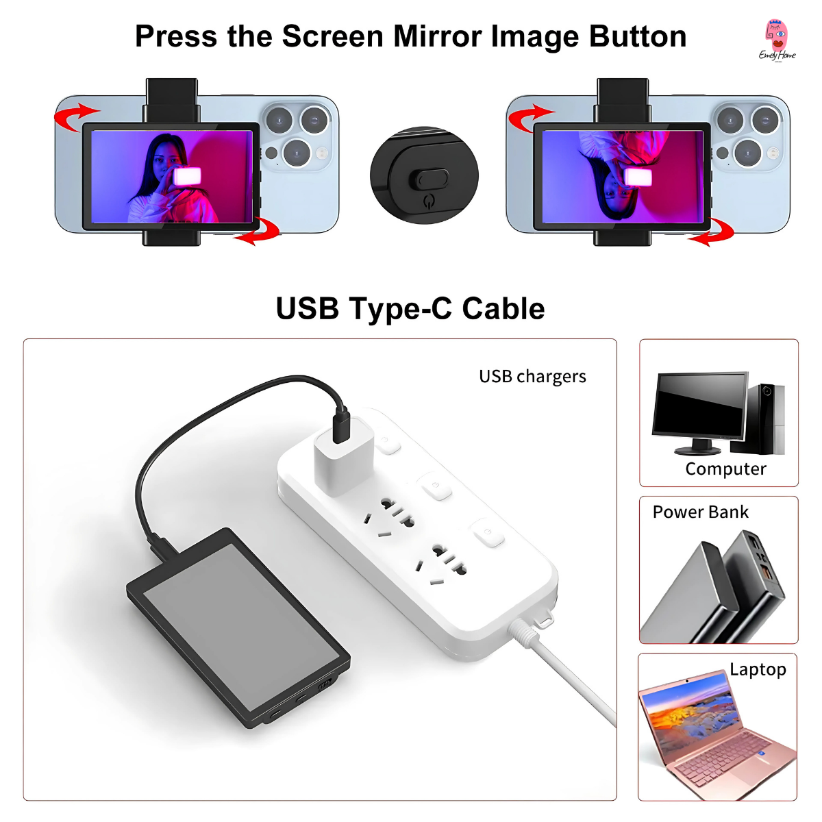 Emely POVScreen™ PH01 Max — Wired Rear‑Camera Vlog Monitor
