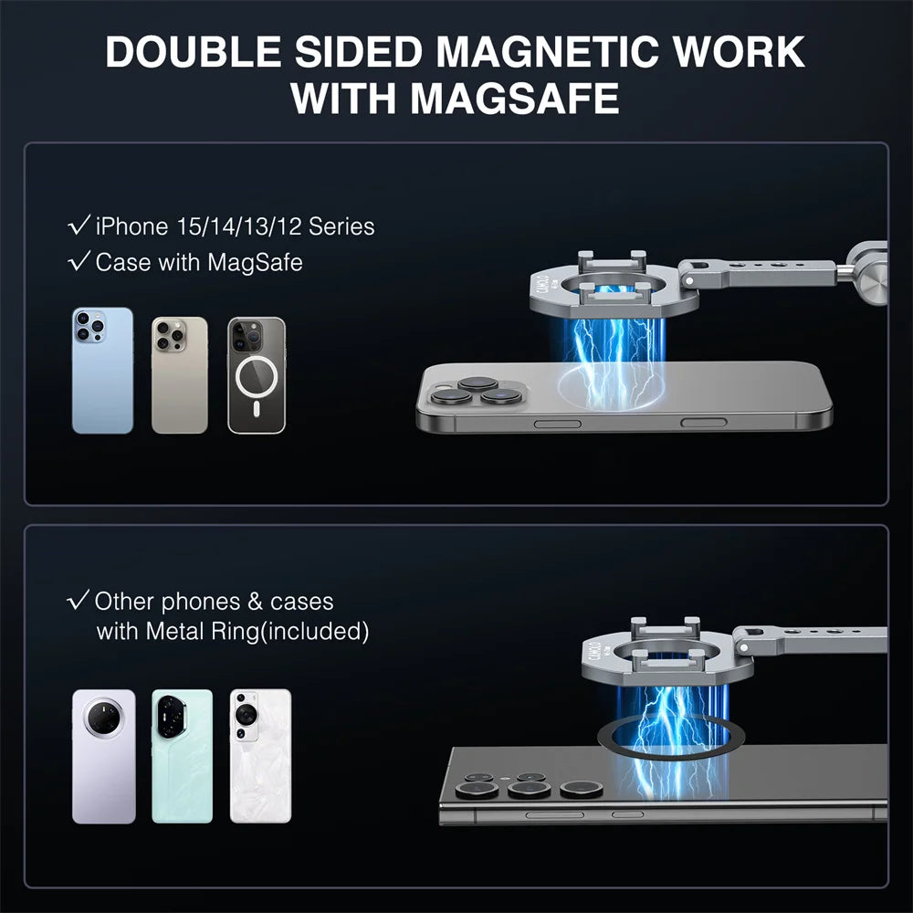 Heavy-duty dual magnet holding iPhone on metal surface