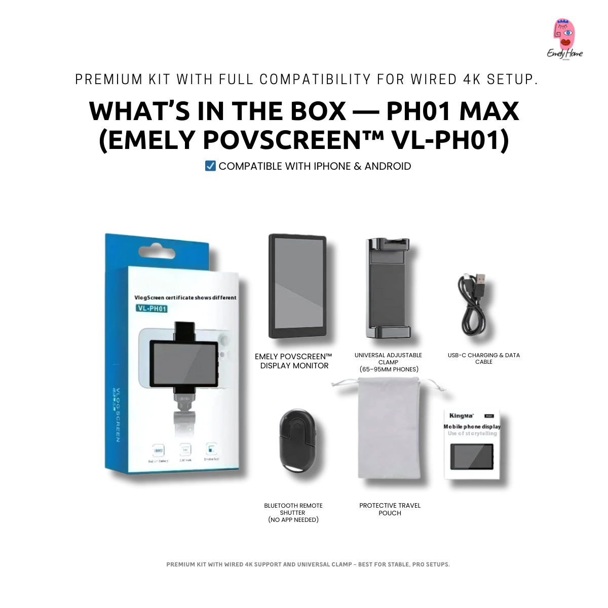 Emely POVScreen™ PH01 Max — Wired Rear‑Camera Vlog Monitor