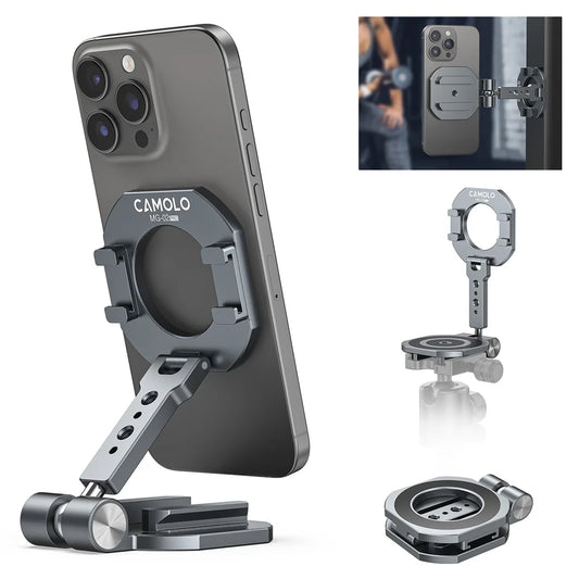 Dual magnetic phone mount with 360° rotation shown on dashboard