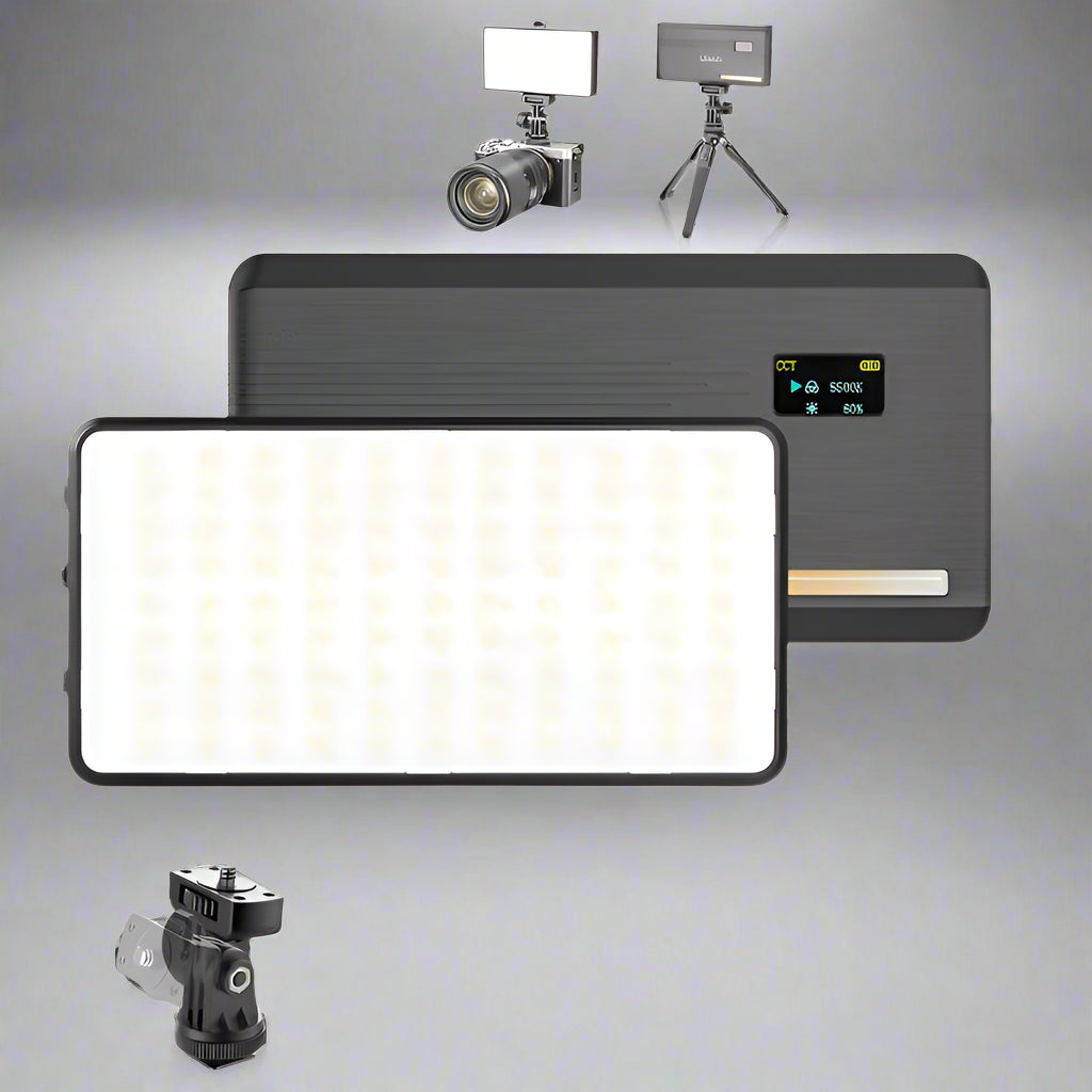 Front view of Emely GlowLite™ 200 LED video light – slim, portable, and wireless