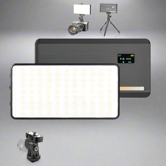 Front view of Emely GlowLite™ 200 LED video light – slim, portable, and wireless